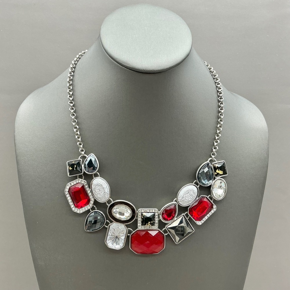 Chico's Necklace Red Black Rhinestone Silver Tone Geometric Bib Statement Chunky